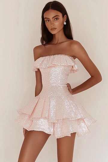 Sparkly Strapless Pink Sequin A Line Short Graduation Dress